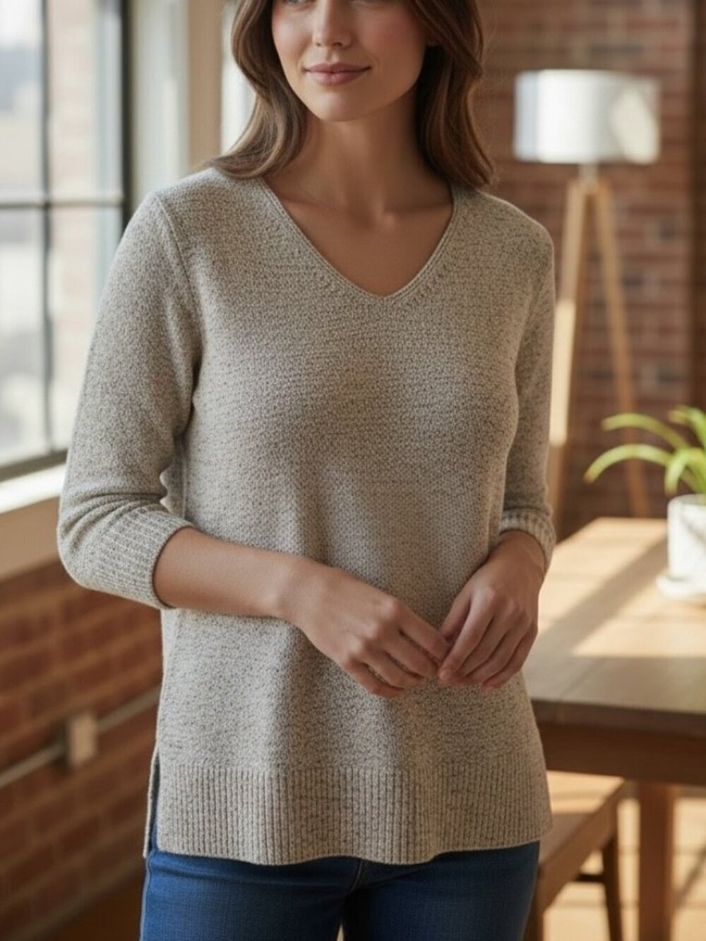 Pure Jill Neutral Speckled Knit V-Neck Sweater Lightweight Size XS